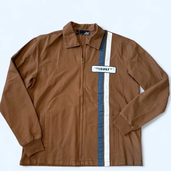 LOST skater boy mechanic zip up shirt shacket Cotton shell jacket brown neutral - Picture 1 of 8